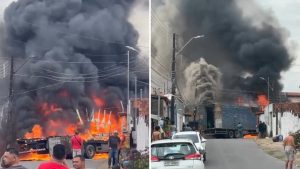 VÍDEO: Caminhão pega fogo ao tocar em fiação elétrica