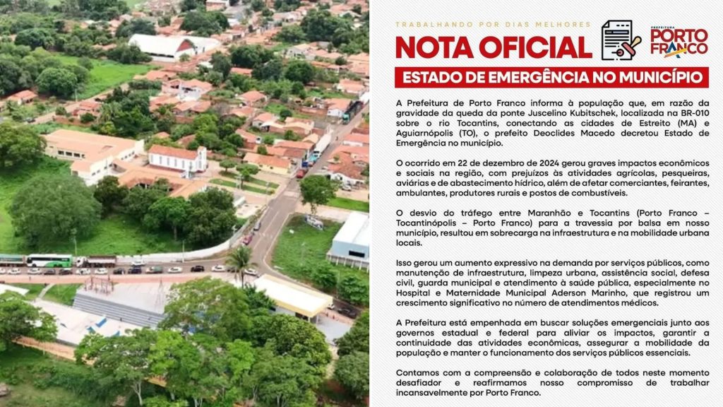 Prefeitura decreta estado de emergência por impactos causados após queda da ponte