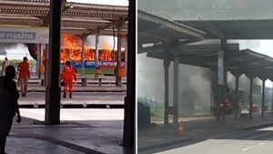 VÍDEO: Ônibus pega fogo no Terminal da Praia Grande